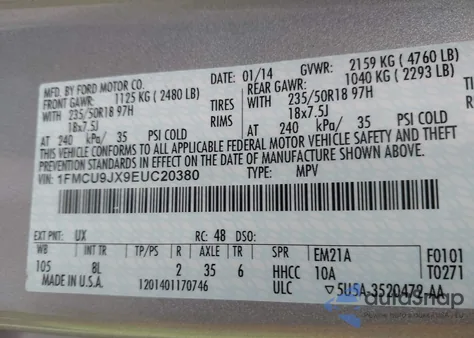 2014 Ford Escape Titanium z USA, uszkodzony, nr VIN 1FMCU9JX9EUC20380